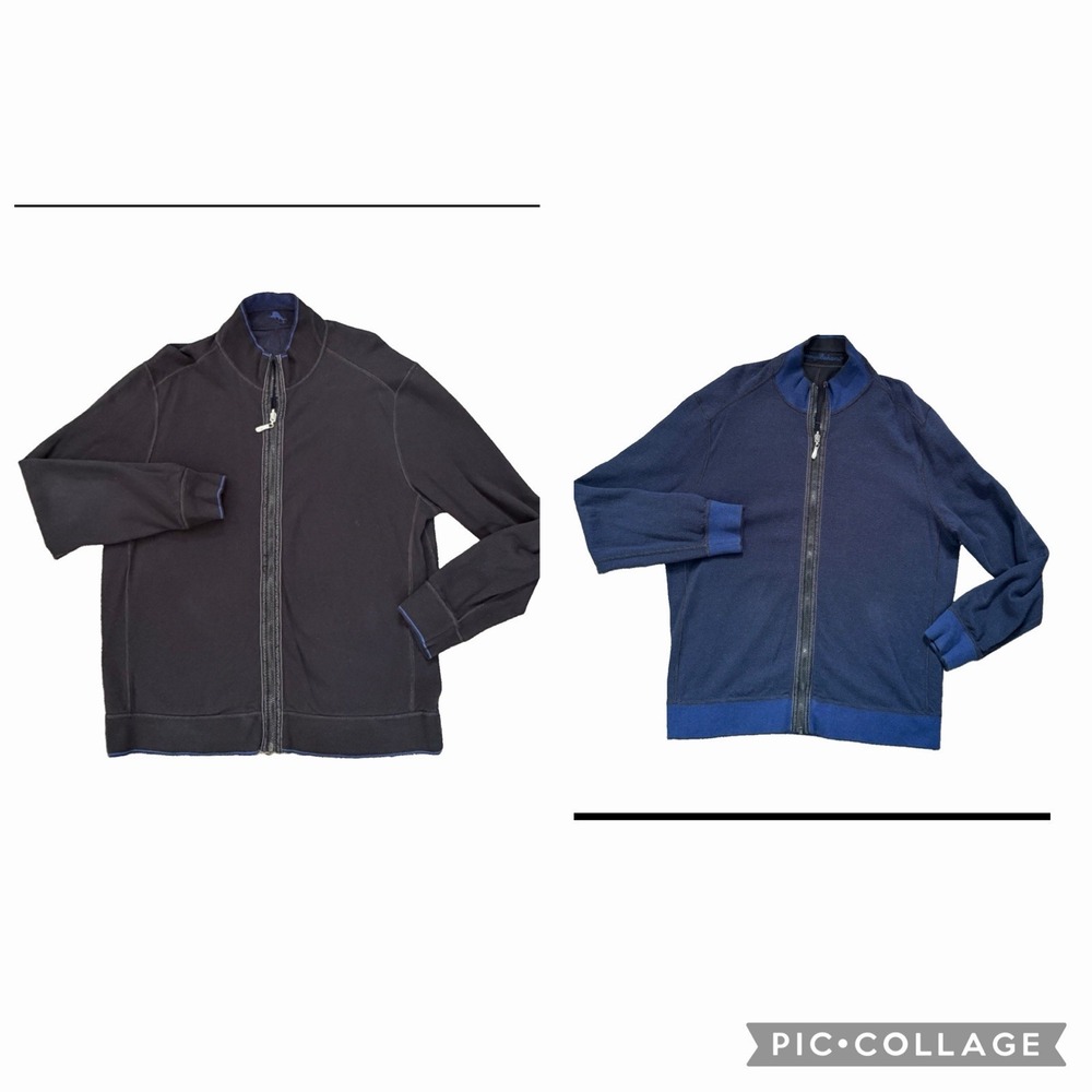 Tommy Bahama Sweatshirt Jacket Mens XL Blue Black Reversible Full Zip Knit Golf